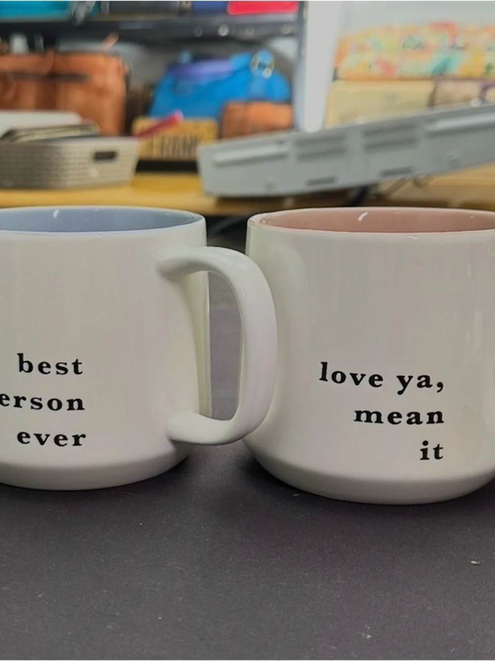 White Ceramic Mug Set with Pastel Interior - Best Person Ever & Love Ya